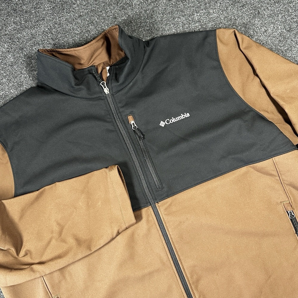 Columbia Ascender Full Zip Soft Shell Mens Sz 4XL Jacket Brown Black Pockets‎